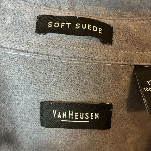 Van Heusen Gray Soft Suede Shirt Men XL 17-17.5 Polyester Long Sleeve Button Up - Picture 3 of 5